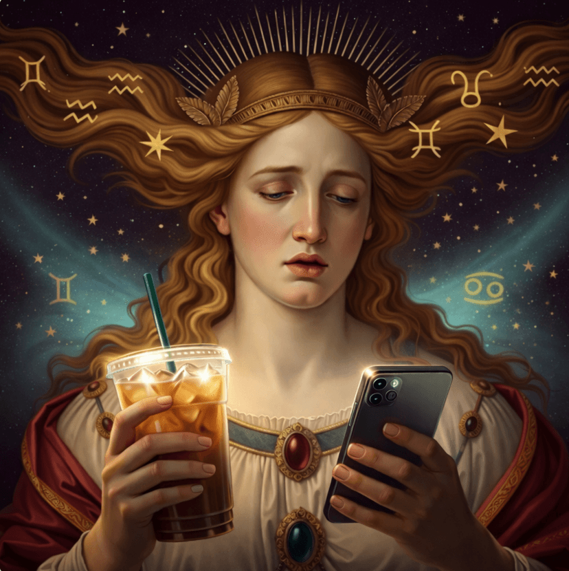 Celestial goddess, exhausted, holding iced coffee